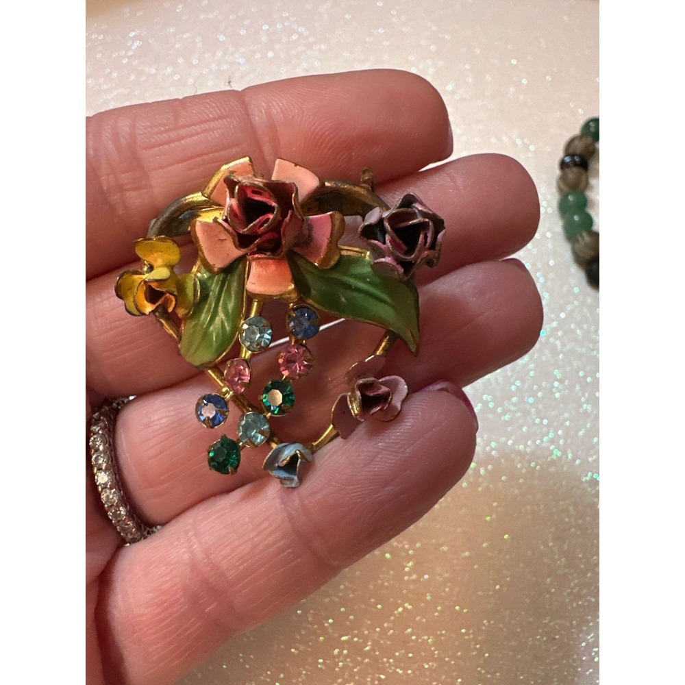 Vintage Austrian Enamel Floral Brooch – Hand Painted, Rhinestone Accents